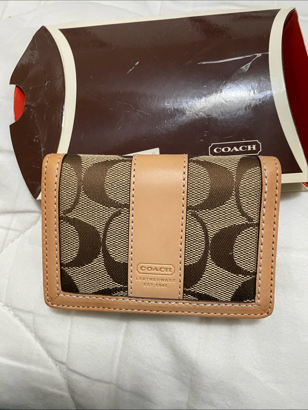 Coach Brown Signature Canvas Trifold Wallet with Tan Leather Trim - Picture 1 of 6